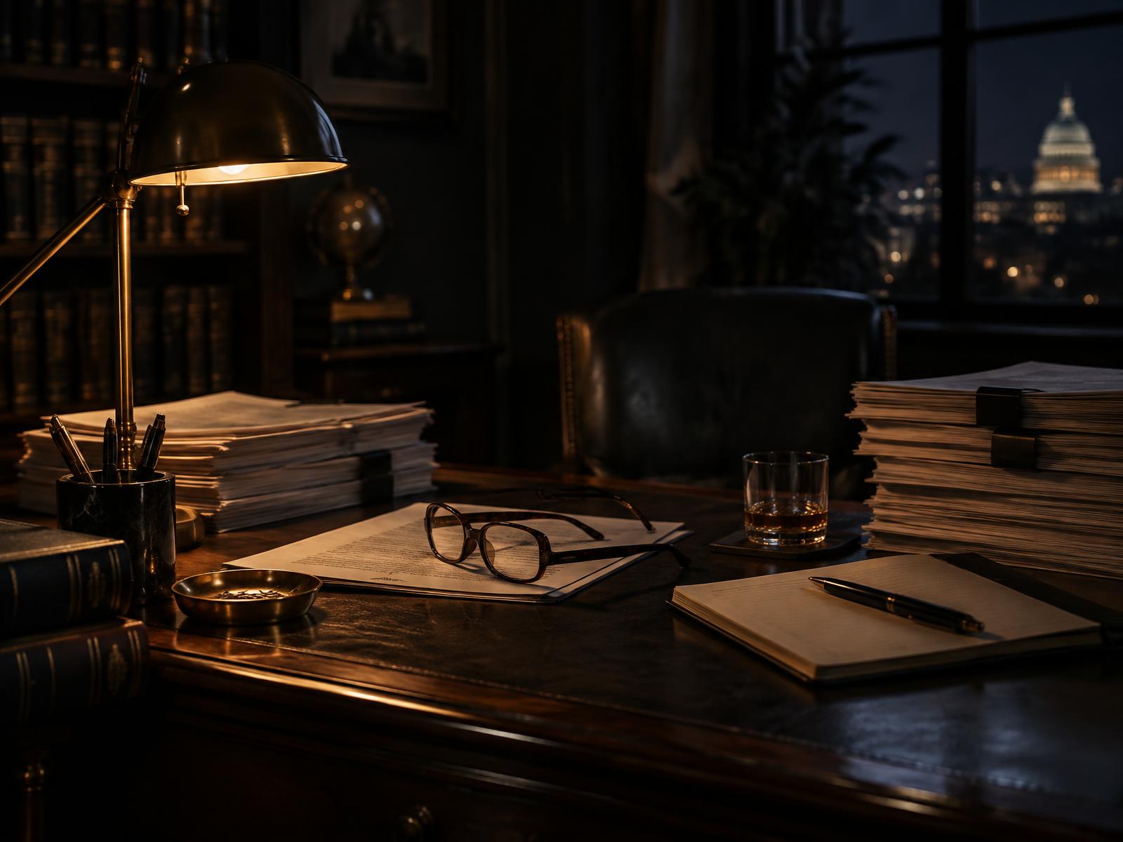 A private investigator's desk with case documents under a lamp