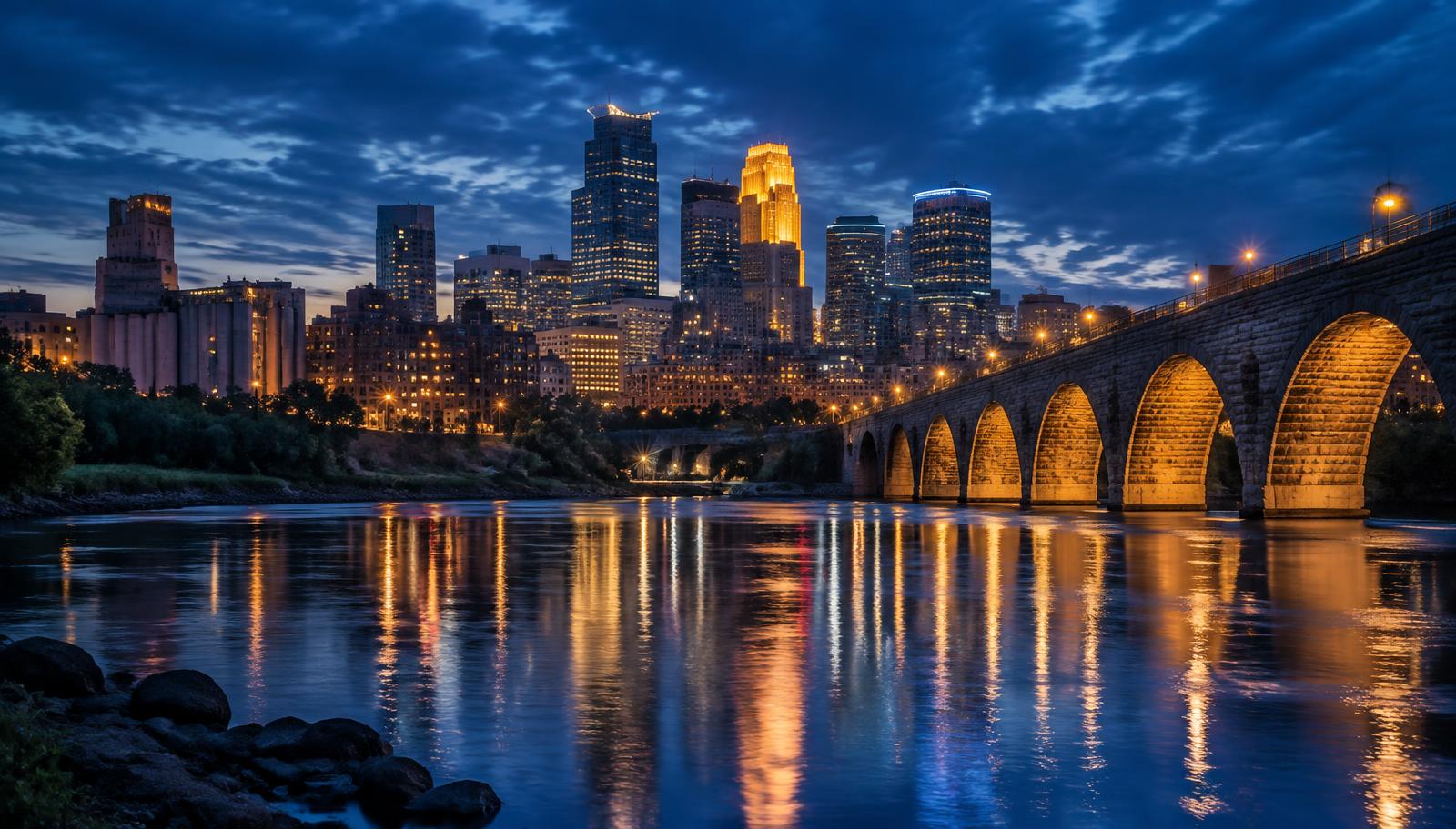 The Minneapolis skyline at dusk reflected in the Mississippi River