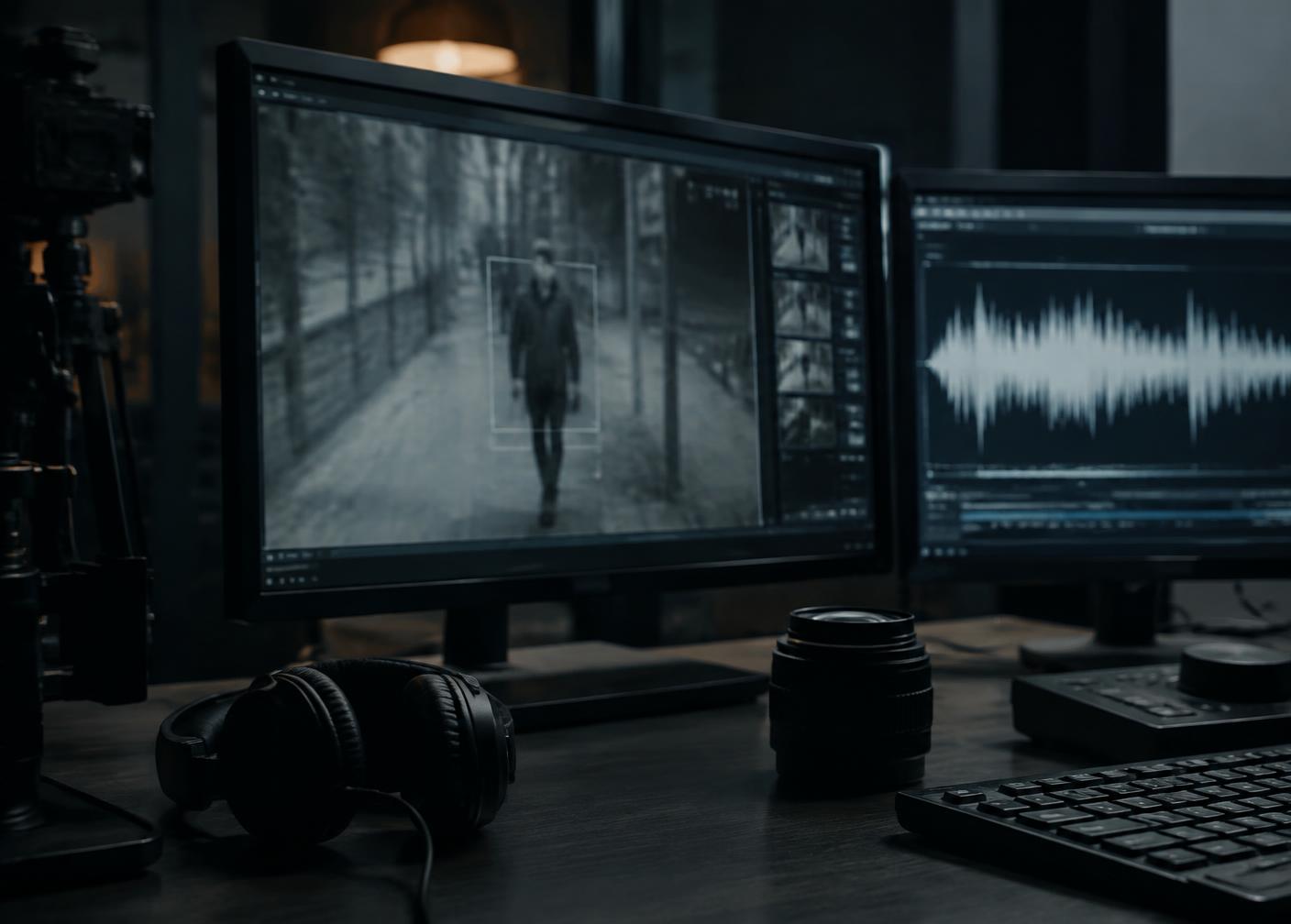 A video forensics workstation showing an enlarged surveillance frame beside an audio waveform
