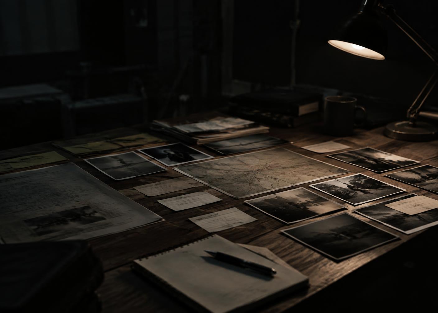 Case documents, photographs, and notes laid out under a desk lamp during case development