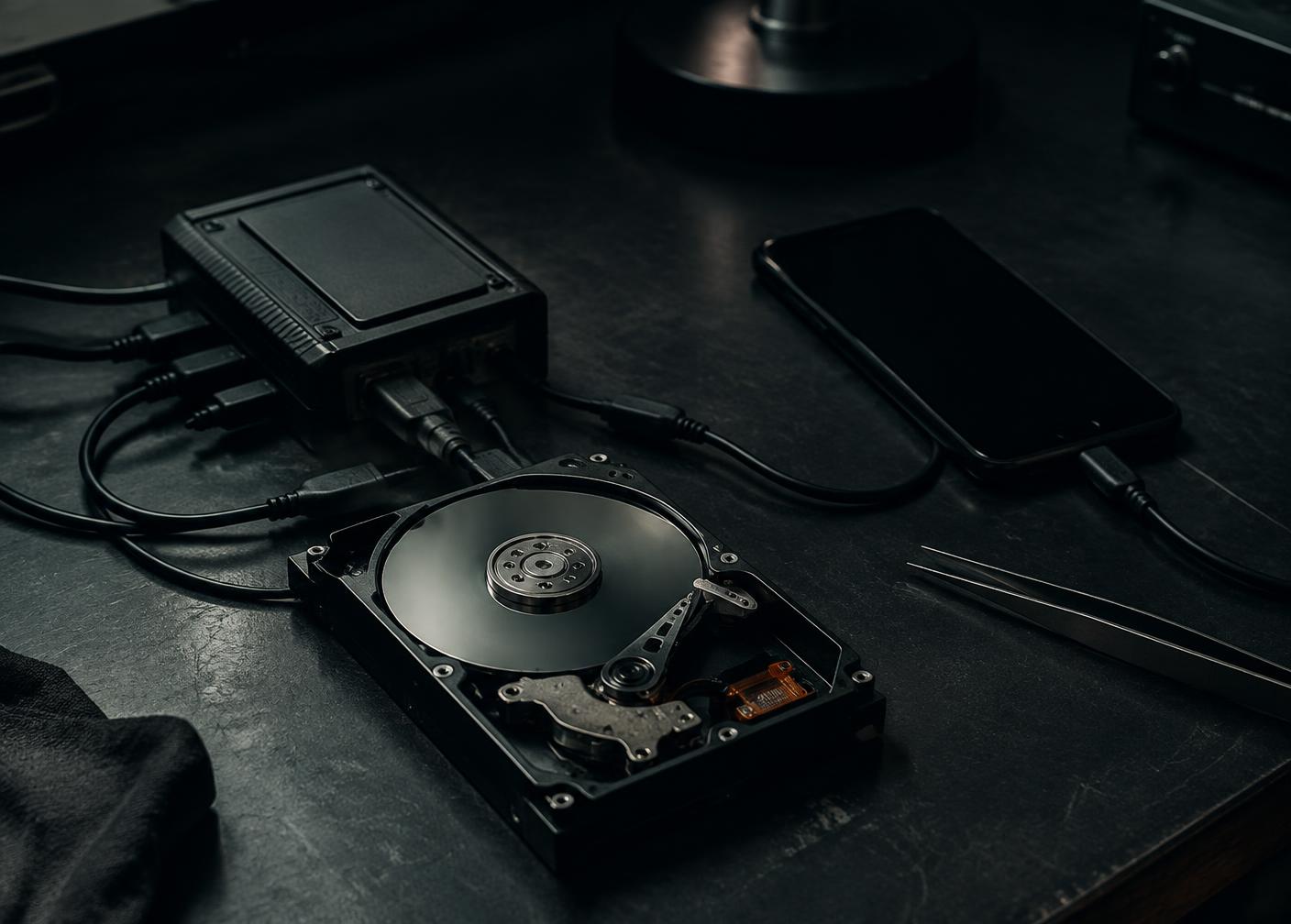 A forensic write blocker connected to an opened hard drive and a mobile phone on a lab bench