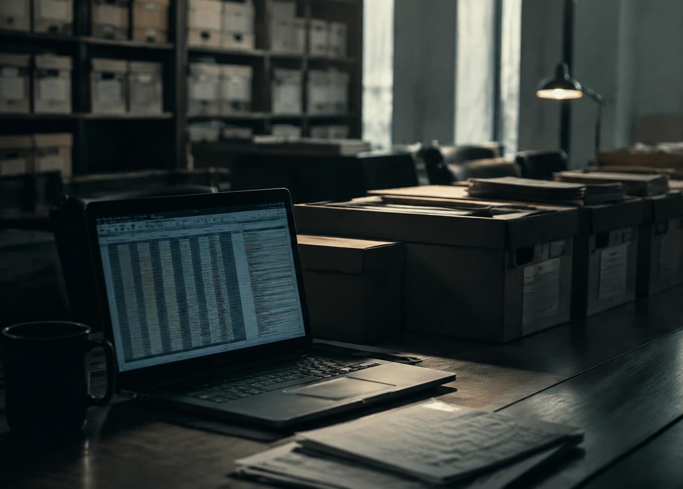 Archived document boxes and a laptop showing data records in a law office review room