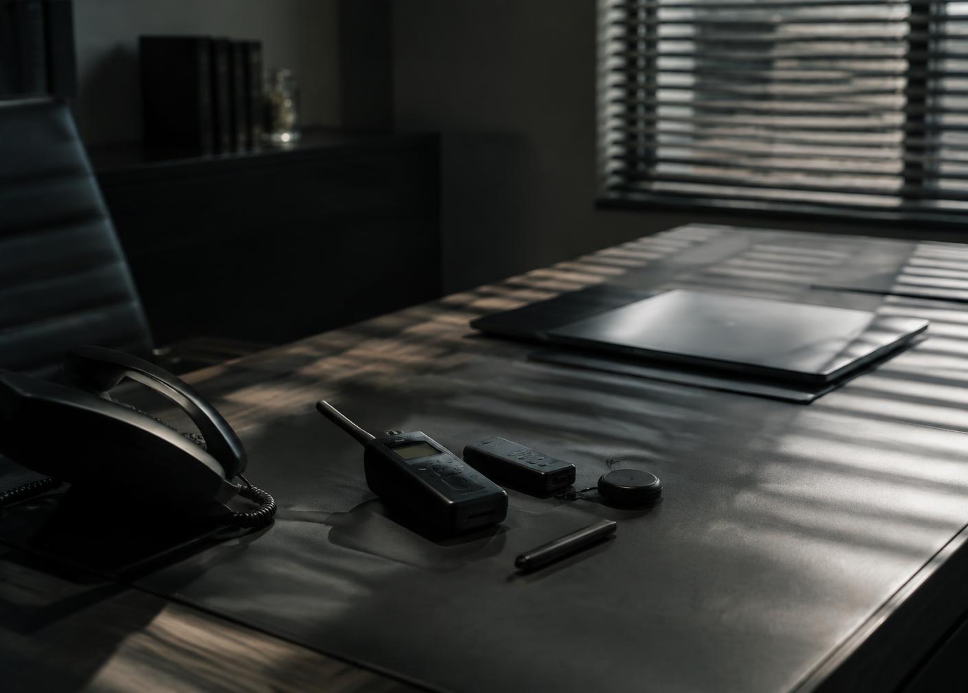 Electronic sweep equipment on an executive desk beside a phone and laptop
