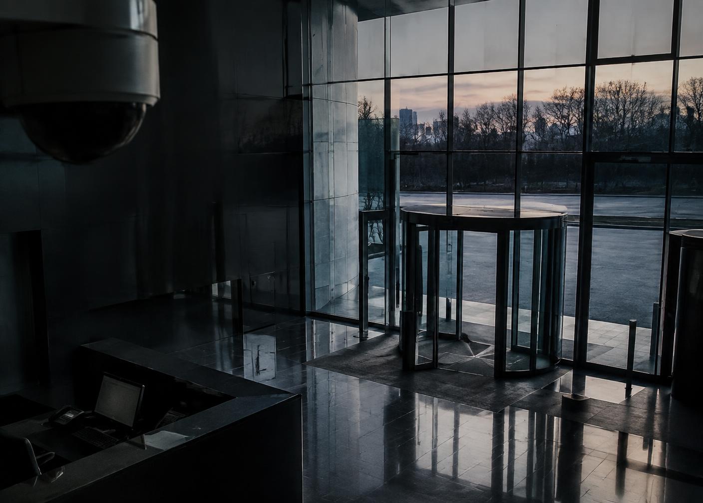 A corporate lobby at dusk with a reception desk and a ceiling security camera
