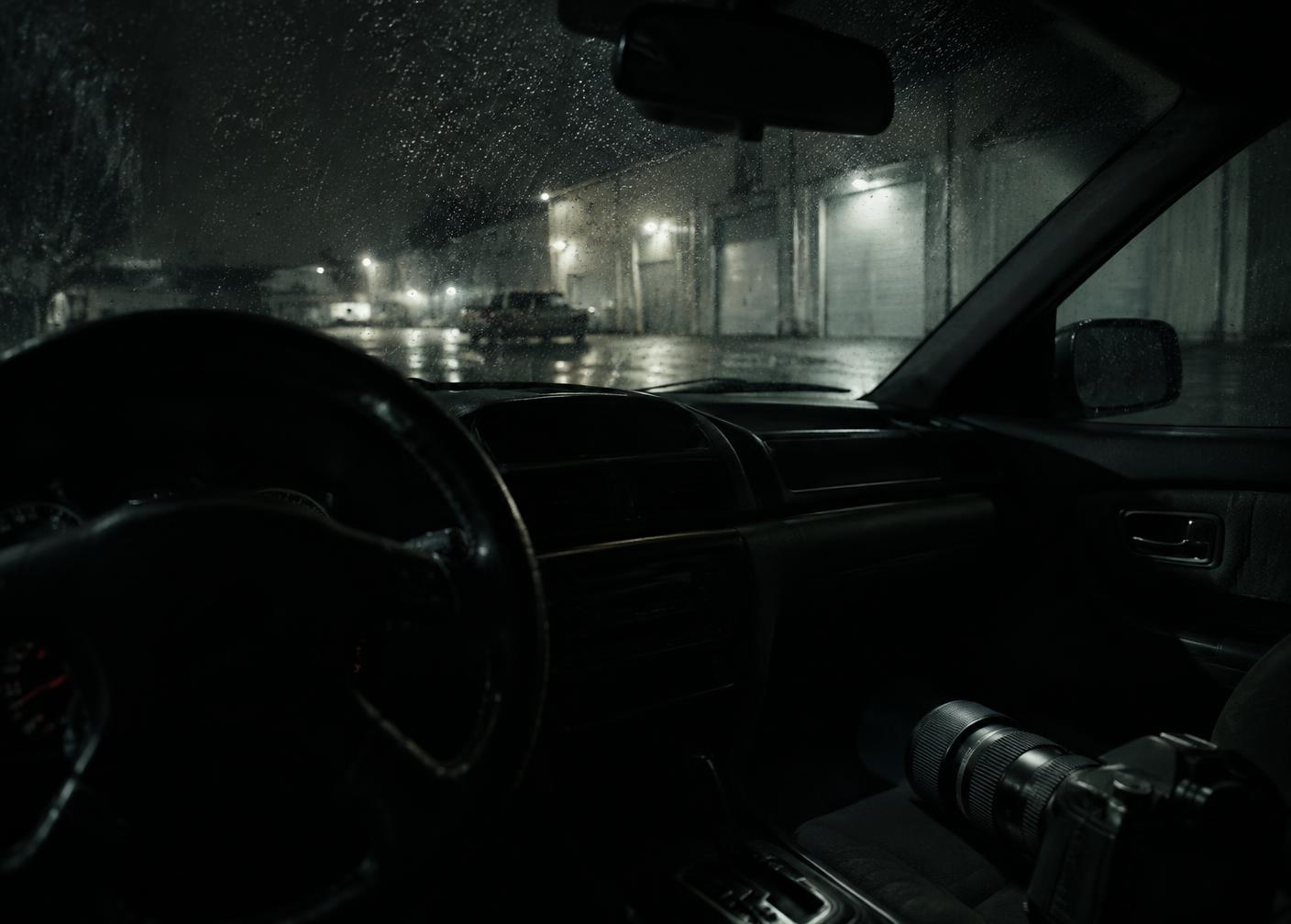 A night view through a vehicle windshield toward a dimly lit industrial lot during covert surveillance